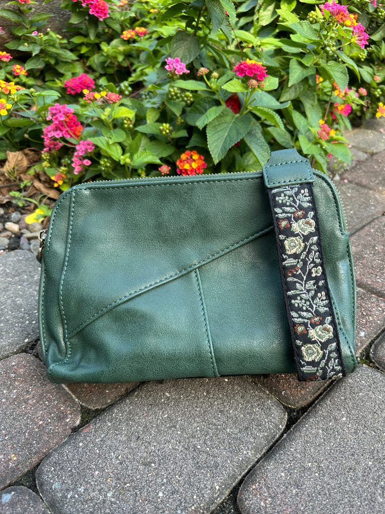 Gigi Crossbody with Woven Wrist Strap in Dark Moss