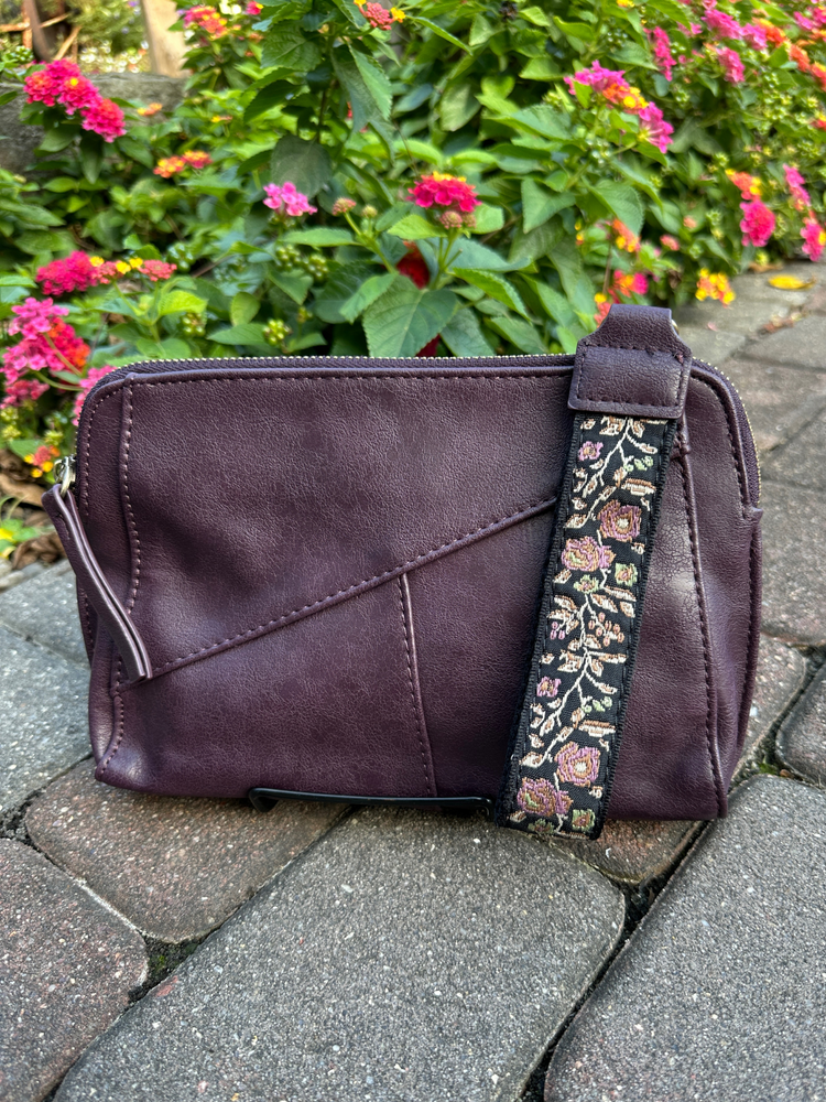 Gigi Crossbody with Woven Wrist Strap in Dark Plum