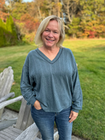 Long Sleeve V-Neck Top in Dusty Teal