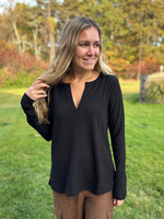 Waffle Knit Long Sleeve Top in Black