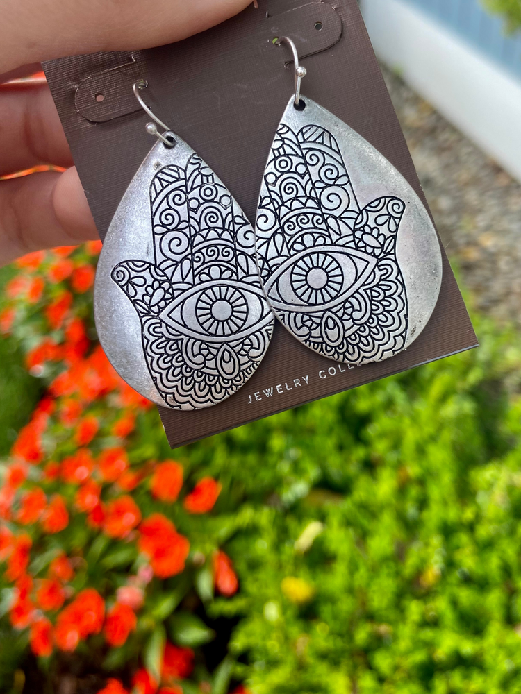 Silver Etched Hamsa Earrings