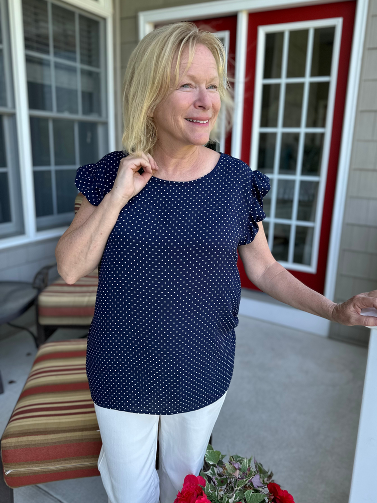 Polka Dot Short Sleeve Ruffle Top in Navy