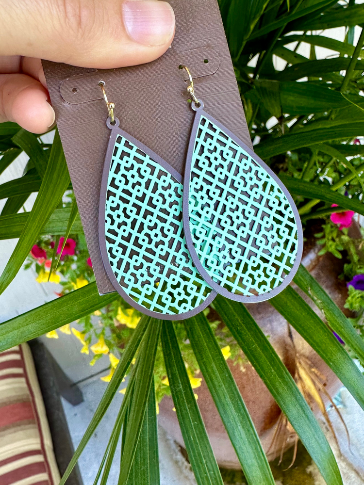 Teal Pattern Teardrop Earrings