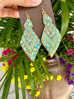 Gold Green Woven Beaded Earrings