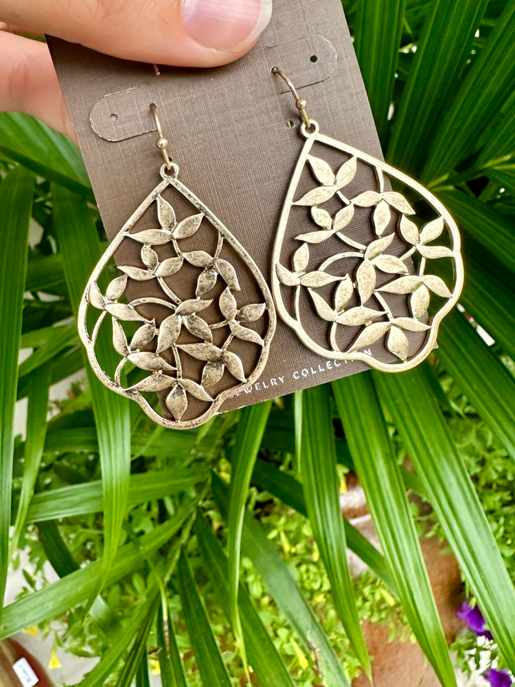 Gold Floral Cutout Teardrop Earrings