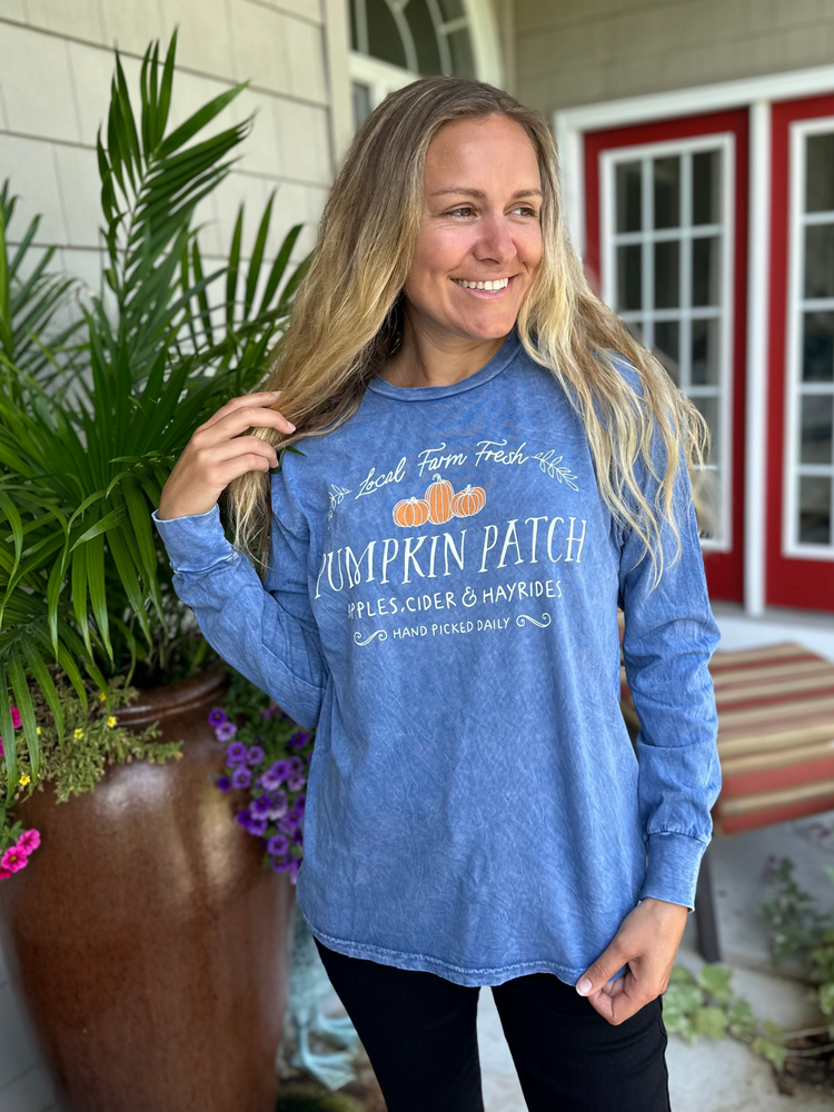 Pumpkin Patch Mineral Wash Long Sleeve in Denim Blue