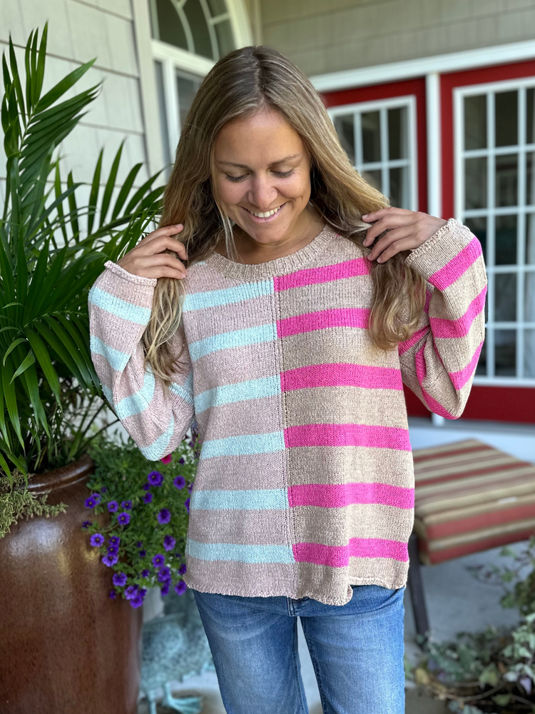 Multi Stripe Pink Color Block Sweater