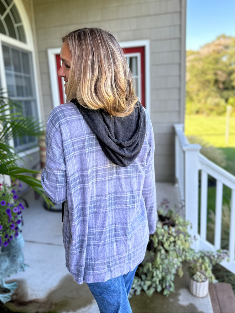 Plaid Hoodie Shacket in Charcoal