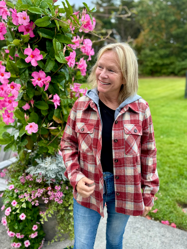 Button Down Plaid Shacket Hoodie in Red