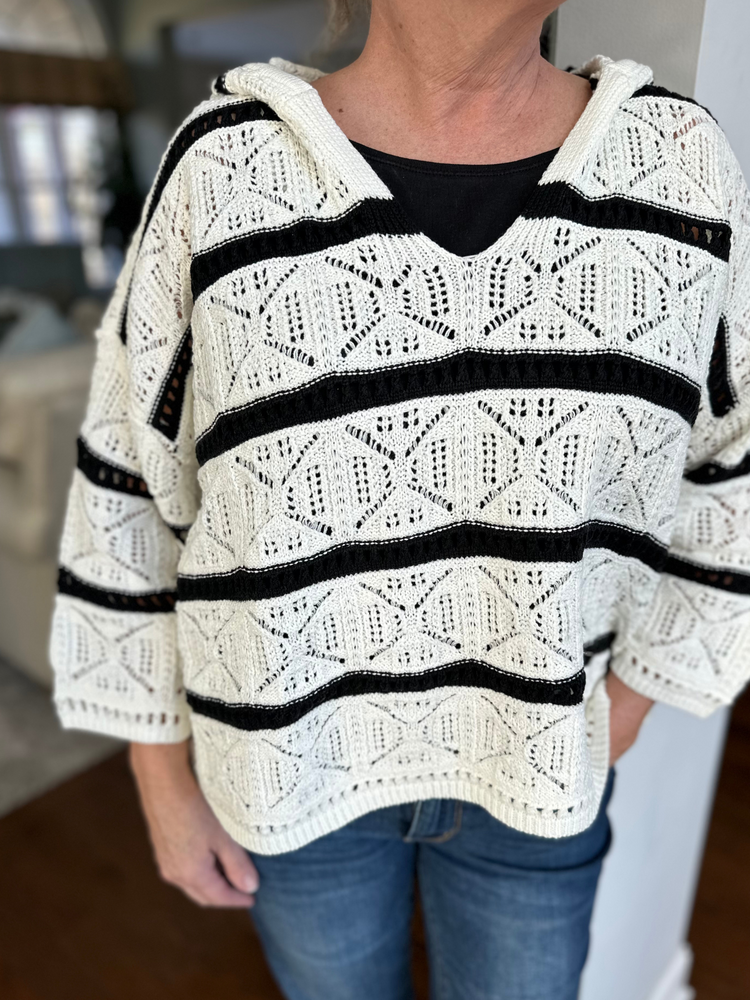 Crochet Striped Sweater Hoodie in Black and White