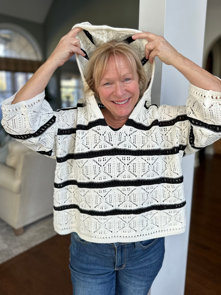 Crochet Striped Sweater Hoodie in Black and White