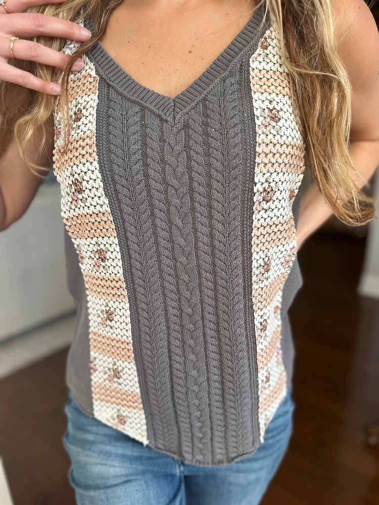 Multicolor Floral Sweater Tank Top in Charcoal