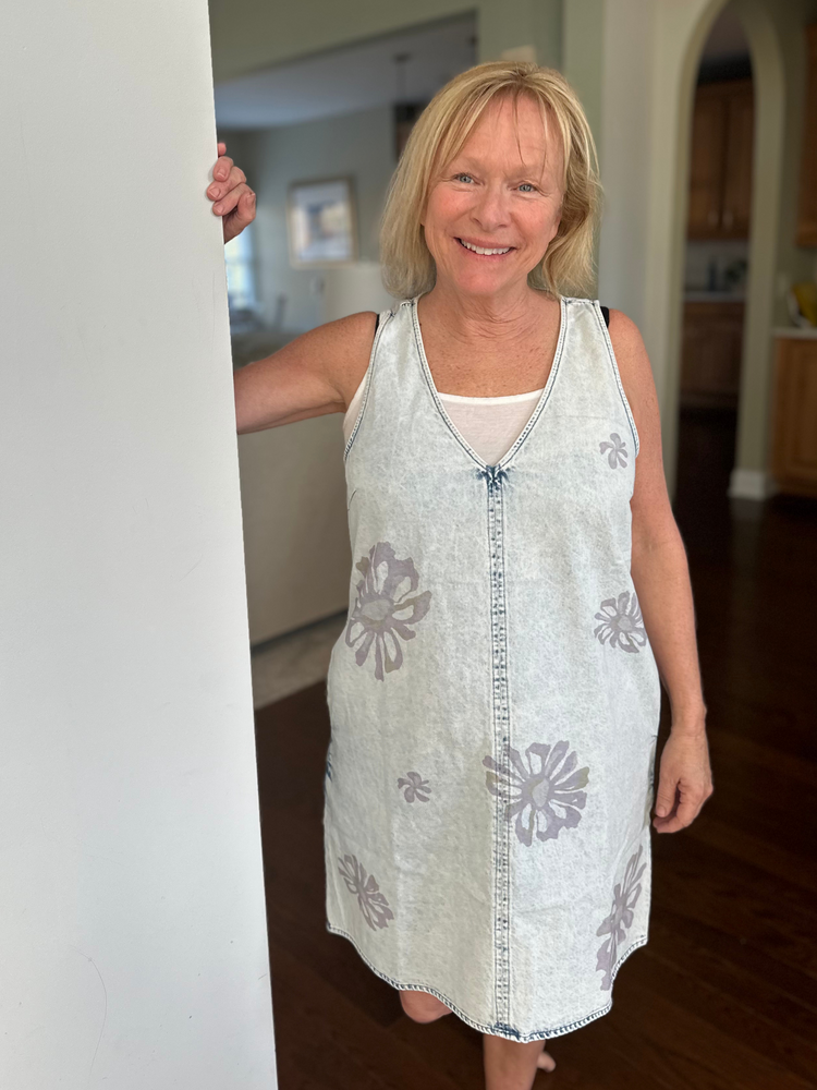 Floral Printed Denim Shift Dress in Vintage Blue