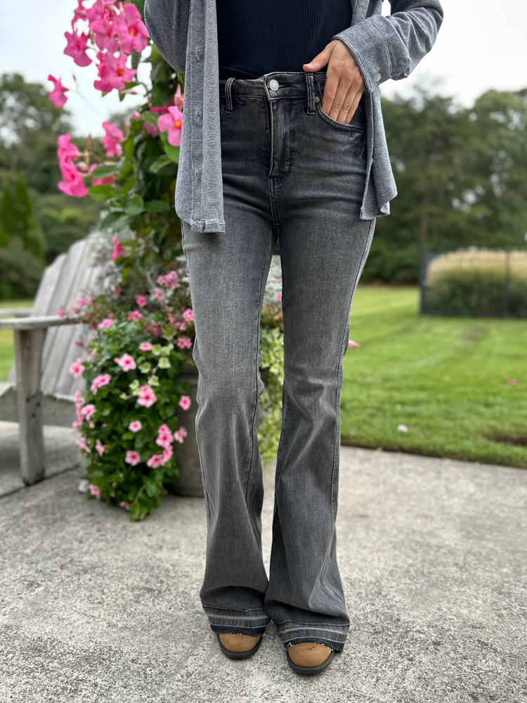 Judy Blue Tummy Control Midrise Gray Release Hem Flare Jeans