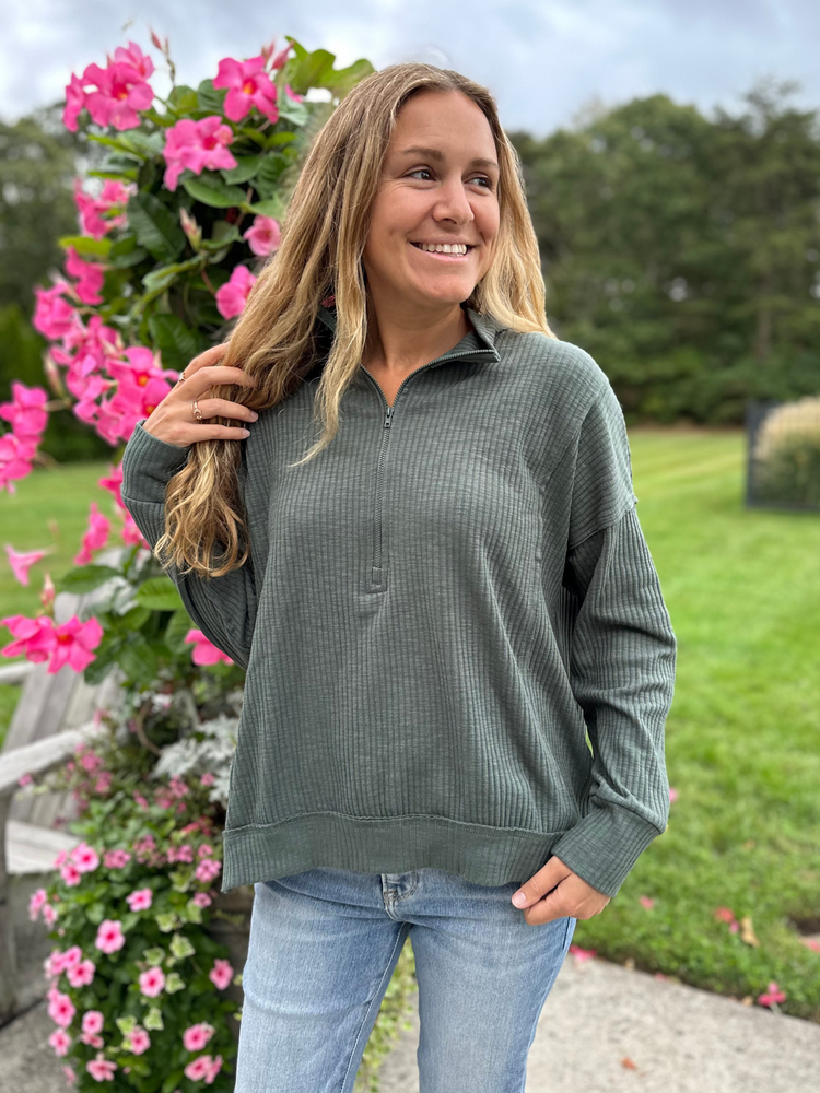 Half Zip Ribbed Knit Pullover in Teal