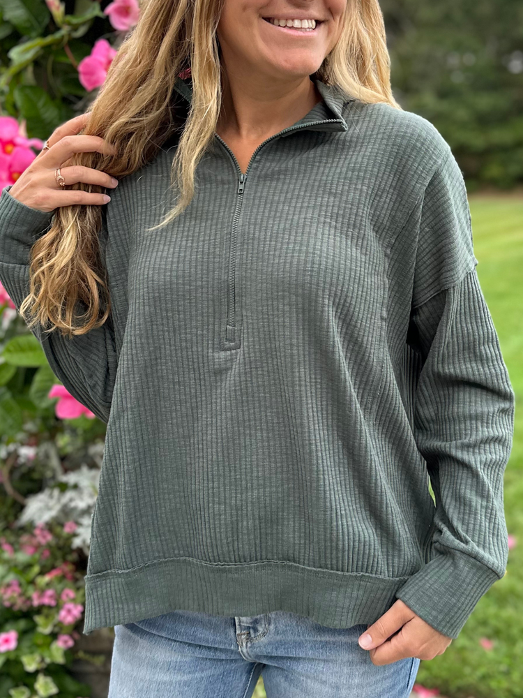 Half Zip Ribbed Knit Pullover in Teal