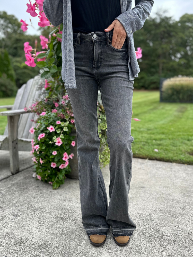 Judy Blue Tummy Control Midrise Gray Release Hem Flare Jeans