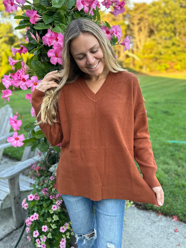 Waffle Knit V-Neck Sweater in Brick