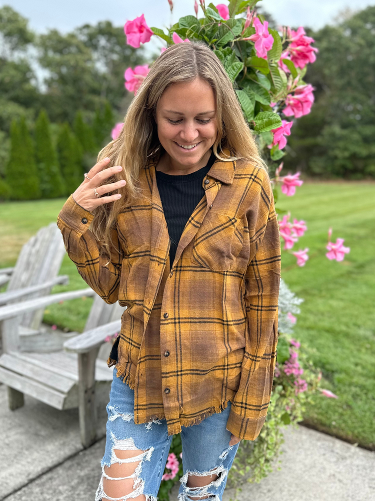 Fringe Hem Distressed Flannel in Mustard